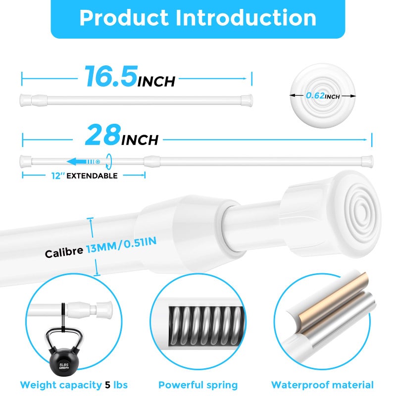 AIZESI 2PCS White Tension Rod 17 to 28 Inch, Adjustable Spring Curtain Rod No Drilling, Spring Tension Rods for Window DIY Projects Cupboard Wardrobe Small Curtain Rods Short Tension Rod - Image 3